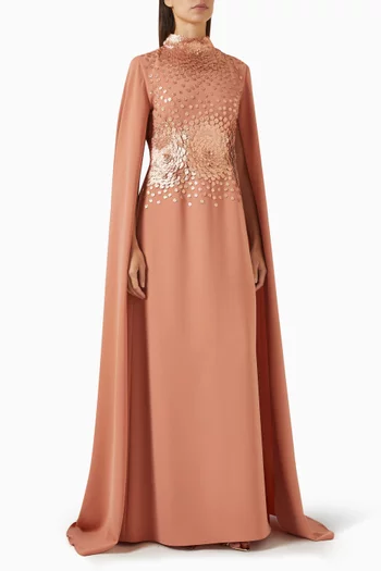 فستان طويل بأكمام بنمط كاب ورقع زهور لامعة