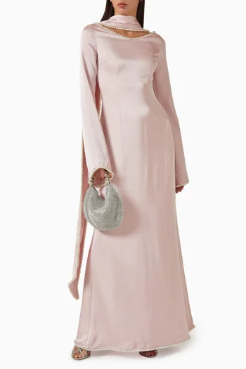 فستان طويل بفتحة رقبة بوشاح