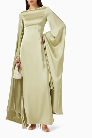 فستان سهرة مطرز باللؤلؤ ستان