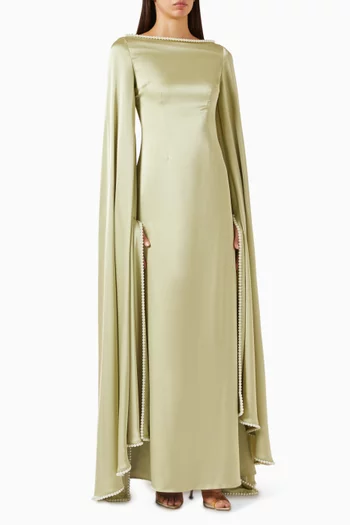 فستان سهرة مطرز باللؤلؤ ستان