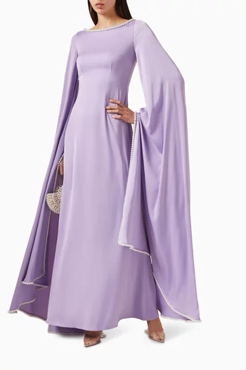 فستان سهرة مطرز باللؤلؤ ستان