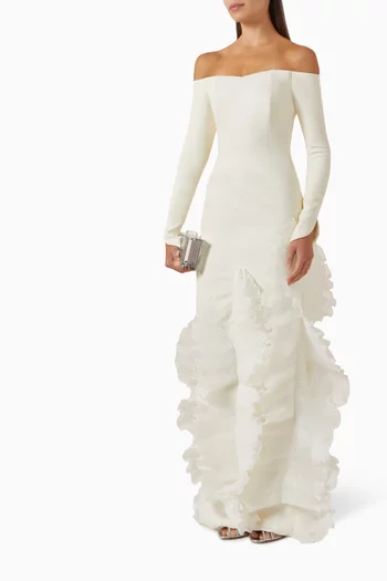 Ruffled Off-shoulder Maxi Dress in Crepe