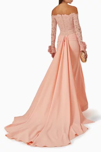 Off-shoulder Fish-cut Gown in Lace & Crepe