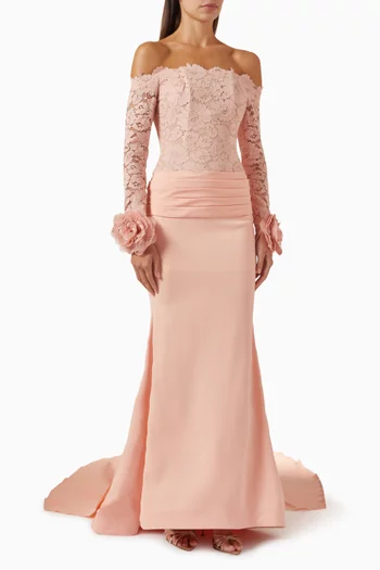Off-shoulder Fish-cut Gown in Lace & Crepe