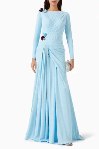 فستان سهرة دالا مزين بدرابيه وزهور كريب