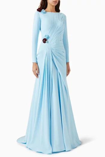 فستان سهرة دالا مزين بدرابيه وزهور كريب