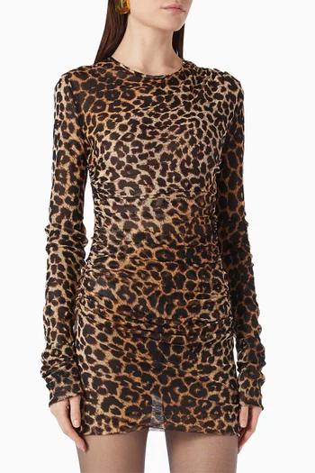 Leopard-print Ruched Mini Dress in Tulle-jersey