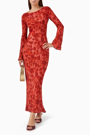 فستان جيا طويل بأكمام جرس حرير جيانهونغ كريب