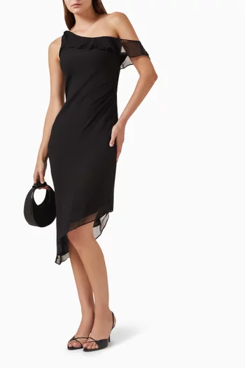 فستان كاري متوسط الطول بكتف مكشوف حرير جورجيت