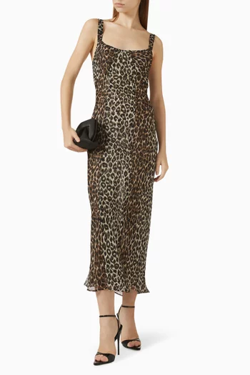 فستان غابرييلا متوسط الطول بنقشة حرير جورجيت