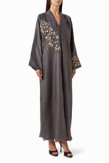 3D Thread & Bead Embroidered Abaya in Linen
