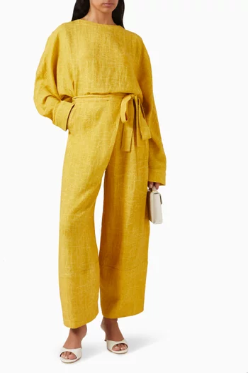 بنطال بتصميم ملفوف وقصة ساق واسعة كتان