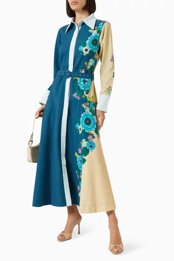 فستان طويل بنمط قميص بنقشة واتر بيدز قطن وكتان