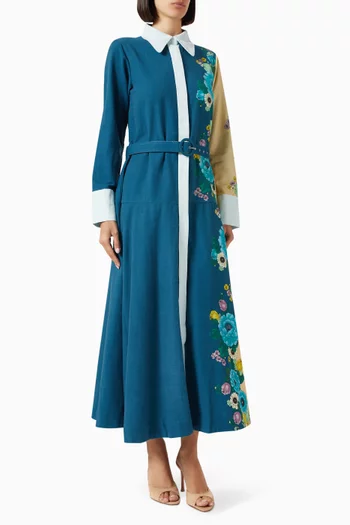 فستان طويل بنمط قميص بنقشة واتر بيدز قطن وكتان