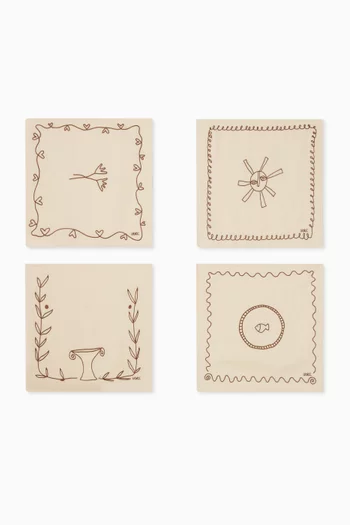 Sun, Flowers Embroidered Napkins in Cotton, Set of 4