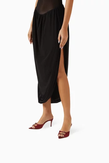 حذاء كارول مفتوح ومرصع بالكريستال بكعب 75 مم ستان