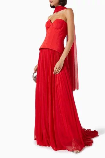 فستان سهرة بتصميم مشّد وخصر منخفض كريب وشيفون