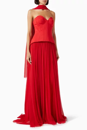 فستان سهرة بتصميم مشّد وخصر منخفض كريب وشيفون