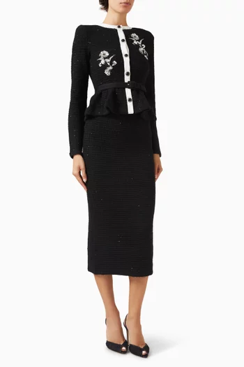 فستان متوسط الطول نسيج بارز بتطريزات زهور