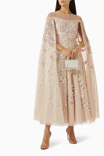 فستان سهرة كريسنت بكاب ونقشة ورود مقوسة تول