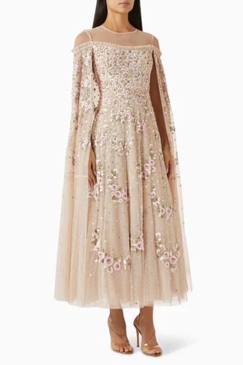 فستان سهرة كريسنت بكاب ونقشة ورود مقوسة تول