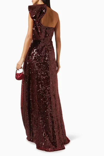 فستان سهرة بعقدة وتطريزات بالترتر