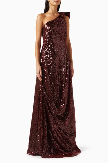 فستان سهرة بعقدة وتطريزات بالترتر