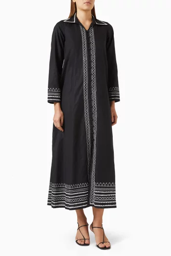 Embroidered-trims Midi Dress in Linen