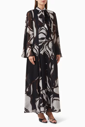 فستان طويل بنقشة زهور وفتحة رقبة بوشاح قابل للربط شيفون