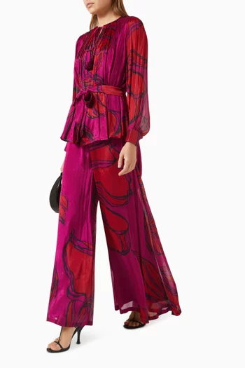 Floral-print Flared Pants in Satin