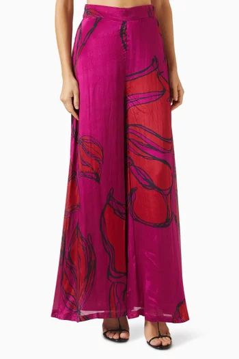 Floral-print Flared Pants in Satin