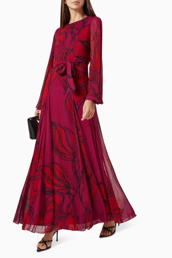 فستان طويل بحزام ونقشة زهور