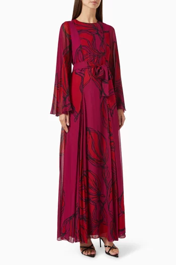 فستان طويل بحزام ونقشة زهور