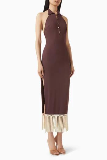 فستان تروبيكانا متوسط الطول بشرّابات جيرسيه