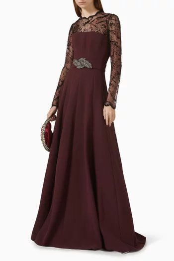 Lace-sleeves Embellished Gown in Crepe