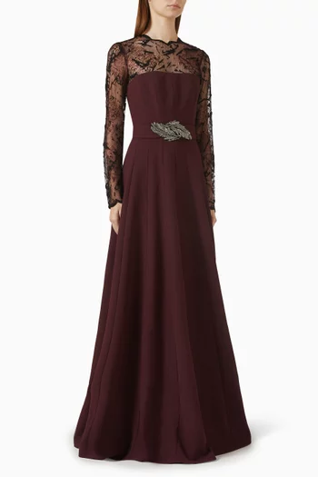 Lace-sleeves Embellished Gown in Crepe
