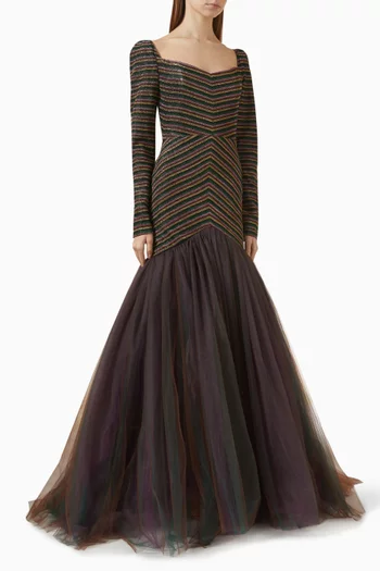 Striped Mermaid Gown in Jersey & Tulle