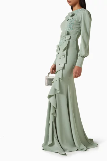 فستان سهرة مطرز بزهور بارزة