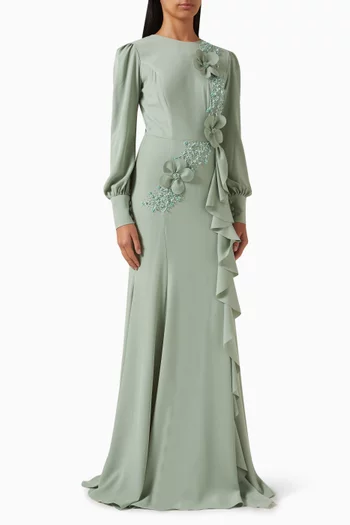 فستان سهرة مطرز بزهور بارزة