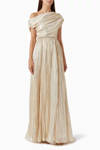Asymmetrical Metallic Maxi Dress in Chiffon