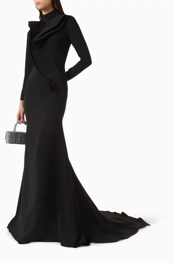 Asymmetric Pleated Gown in Crepe