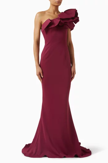 One-shoulder Ruffle Gown in Scuba Fabric