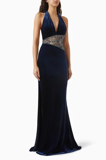 Embroidered-waist Gown in Velvet