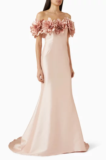 3D Floral-applique Gown in Mikado