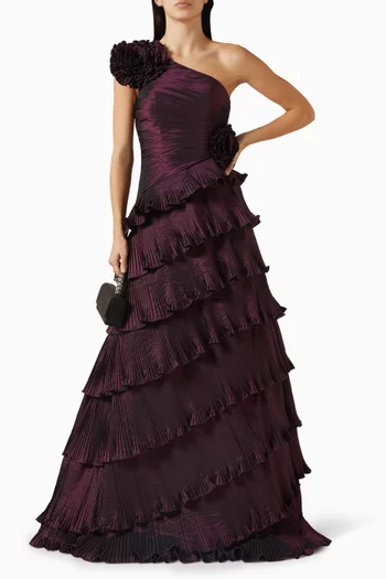 One-shoulder Tiered Gown in Silk Taffeta