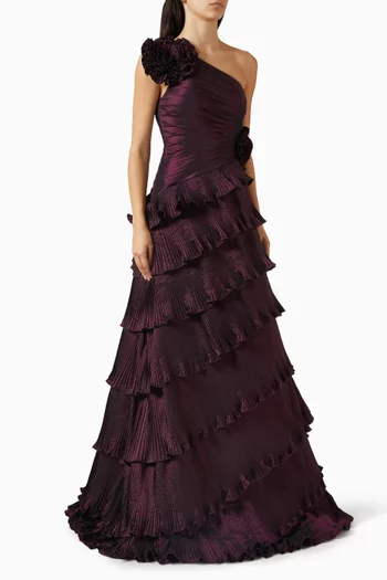 One-shoulder Tiered Gown in Silk Taffeta