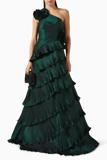 One-shoulder Tiered Gown in Silk Taffeta