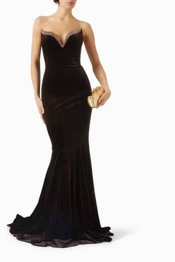 فستان سهرة مطرز بالكريستال مخمل مطاطي