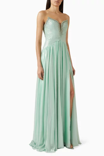 Embellished Pleated Gown in Metallic-chiffon