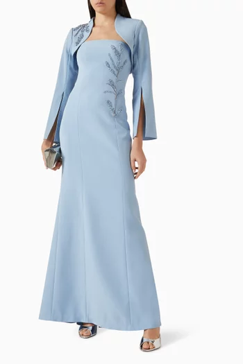 فستان سهرة مع بوليرو وحافة مزينة بالخرز كريب